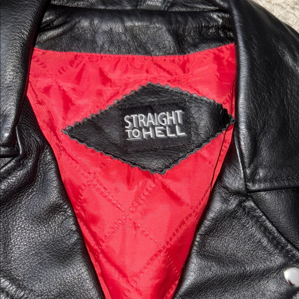 SOLD  Straight To Hell Black Biker Jacket with Red Lining - Picture 2 of 5